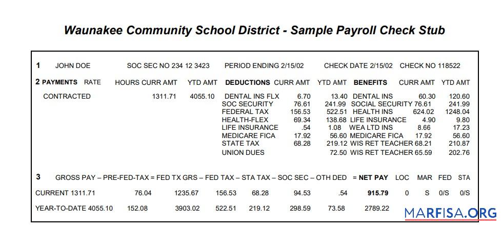 Printable Waunakee Community School District payroll check stub template